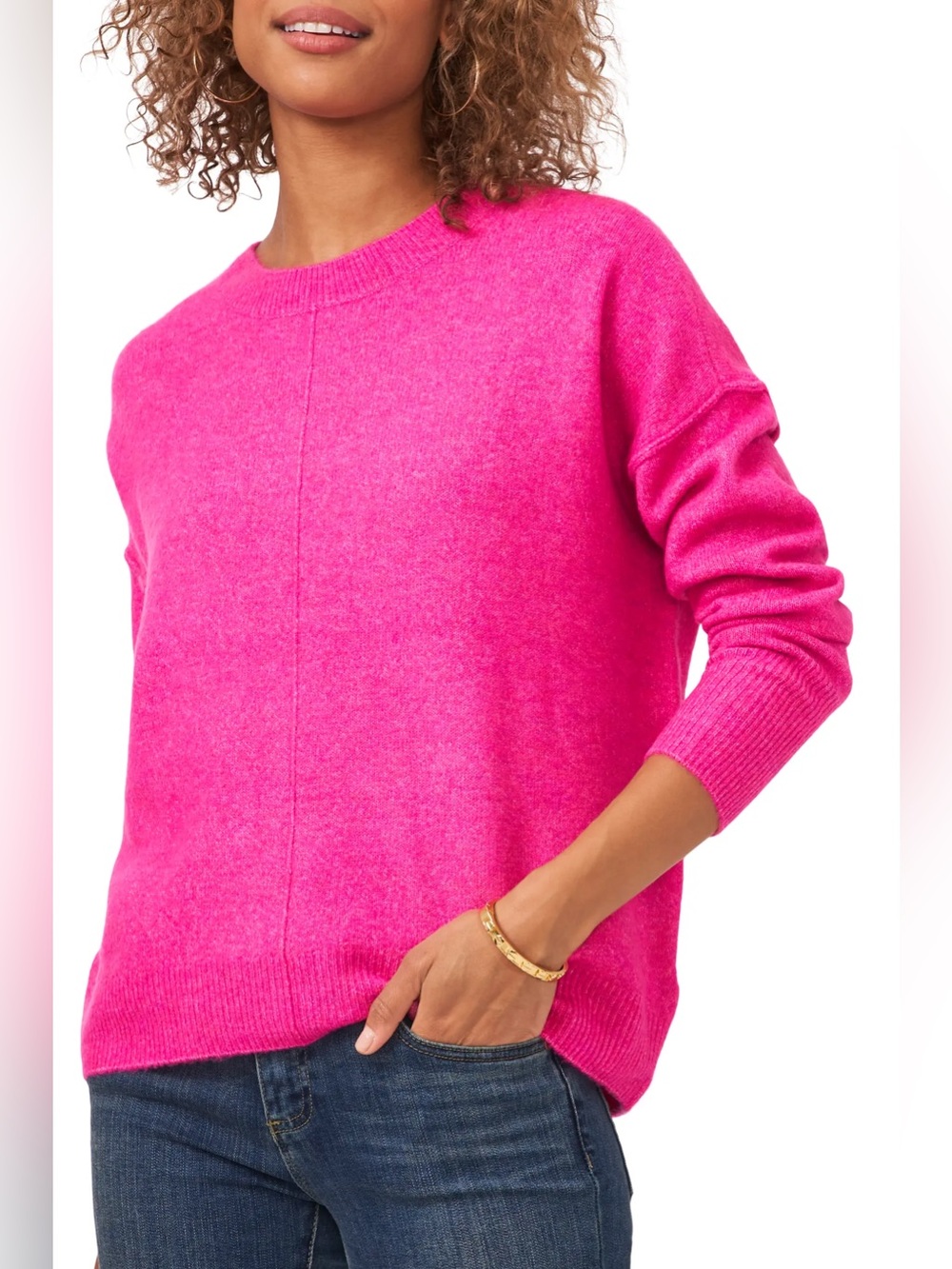 Vince Camuto Exposed Seam Crewneck Sweater, Paradox Pink, size Small